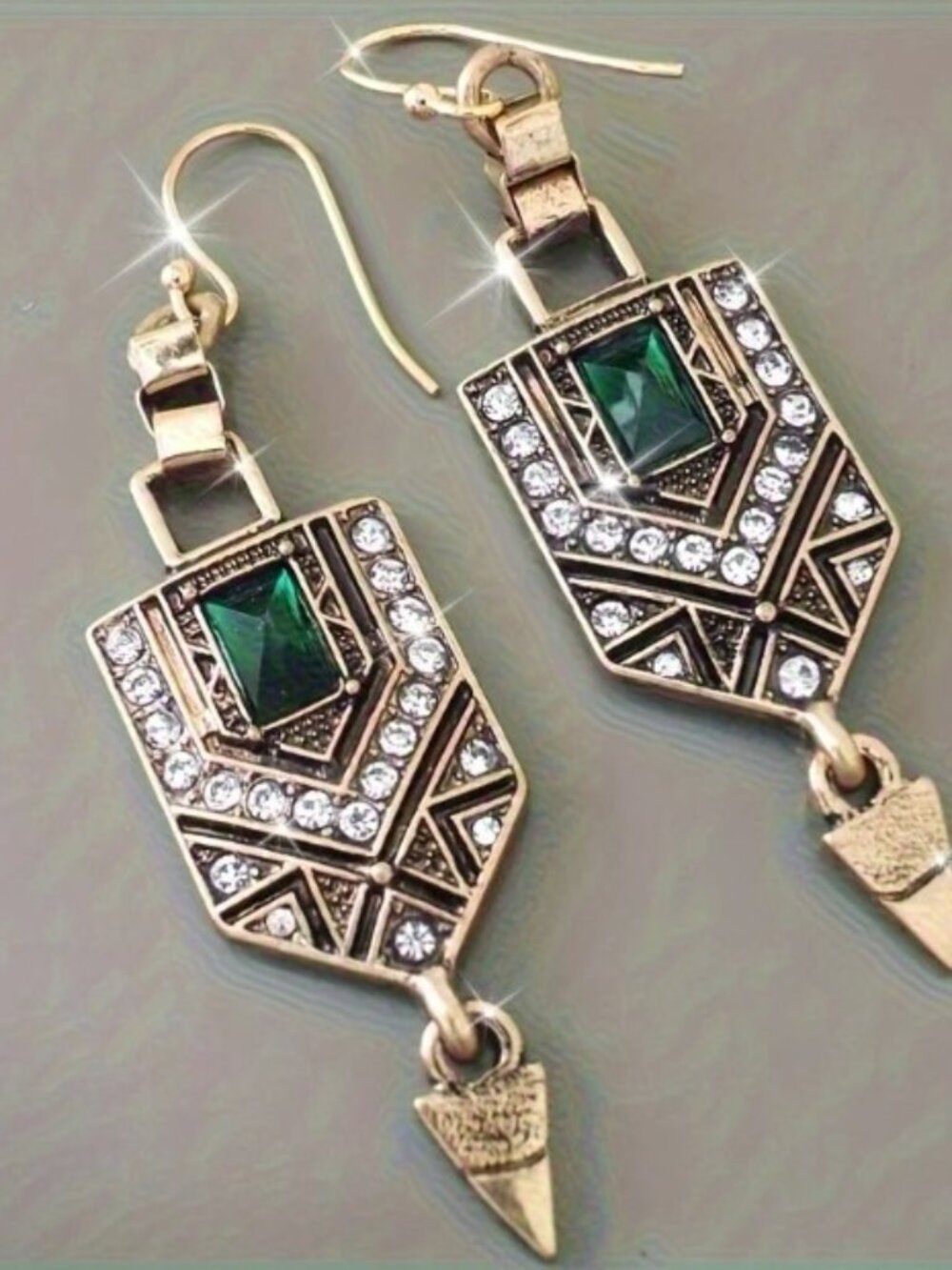 Geometric Shape Dangle Earrings with Shiny Synthetic Gems Retro Bohemian Style - Picture 2 of 4